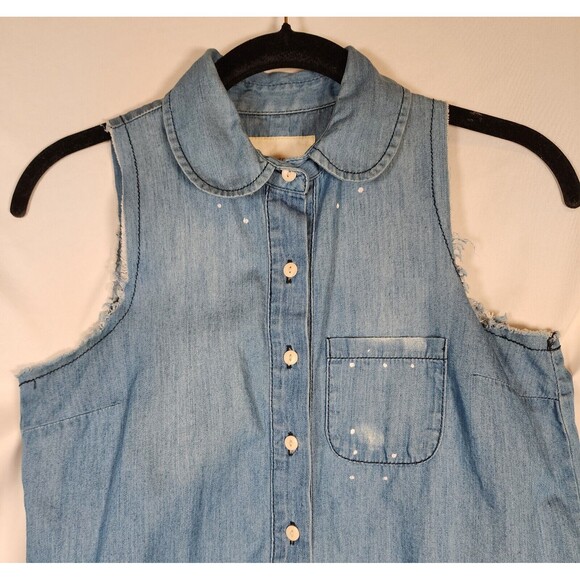 BCBG Blue Denim Distressed Dress Size XS Sleeveless Fray Pocket Button-Up Hi Low - Picture 2 of 10